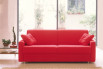 Lamp sofa with red fabric cover and chromed metal feet.